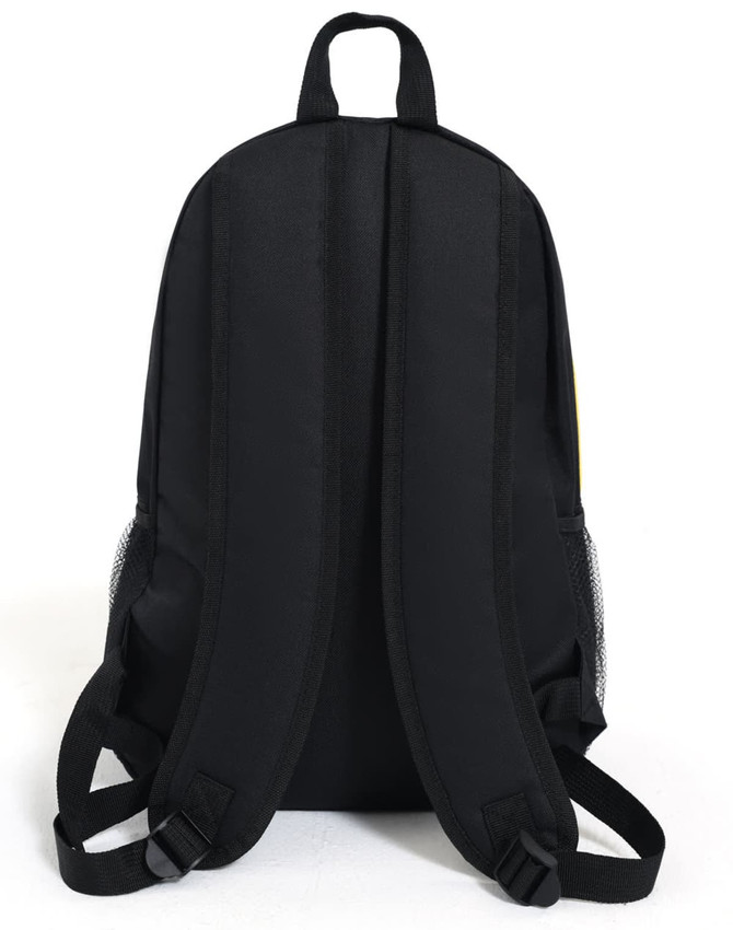 A black backpack featuring padded shoulder straps and a mesh pocket on the side, designed for comfort and functionality.