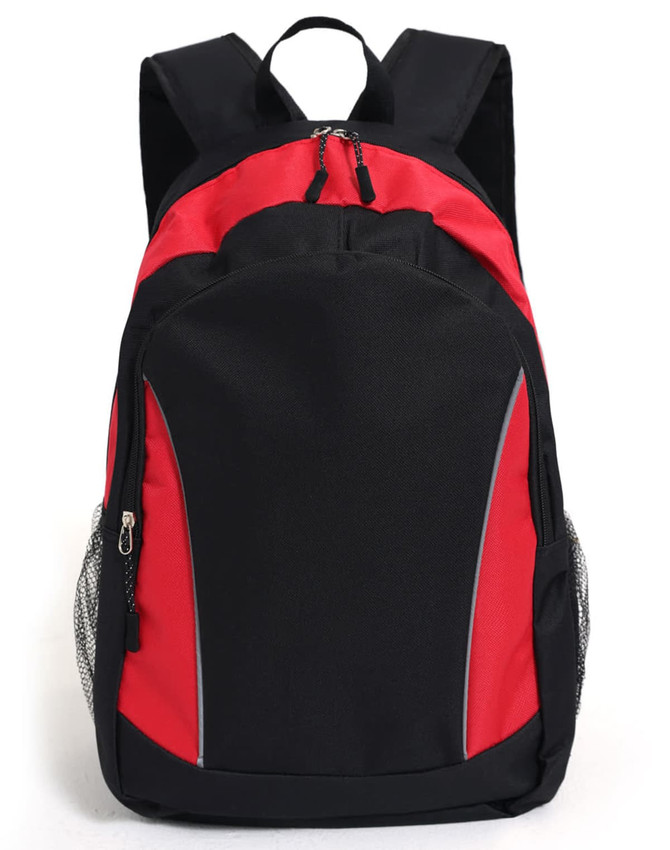 A black and red backpack featuring a logo, with adjustable straps and side mesh pockets.
