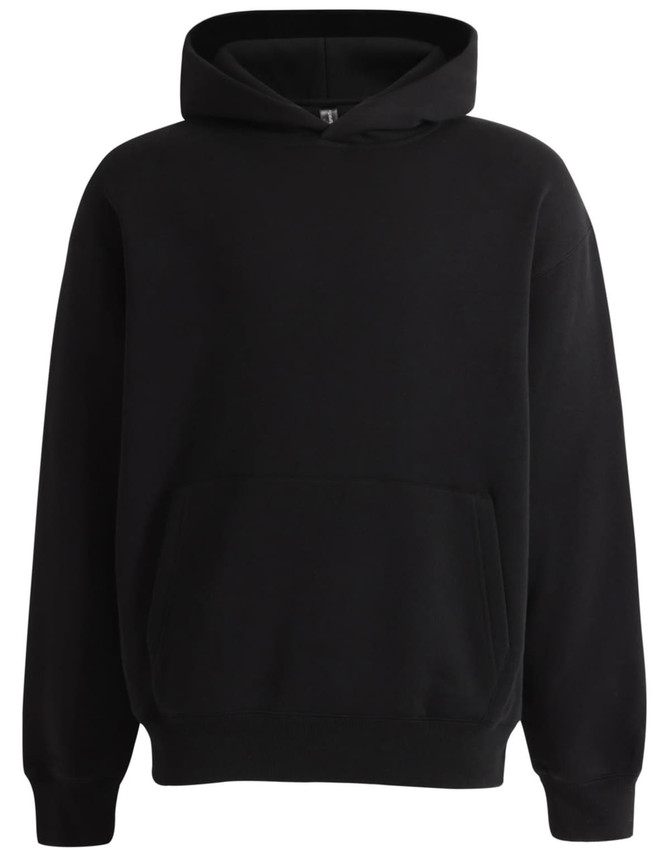 A black unisex premium fleece oversized hoodie with a front pocket and a hood. Features a logo.