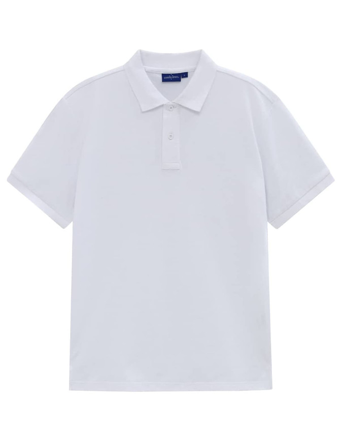 A white men's classic cotton/poly pique short-sleeve polo shirt with a collar and a logo.