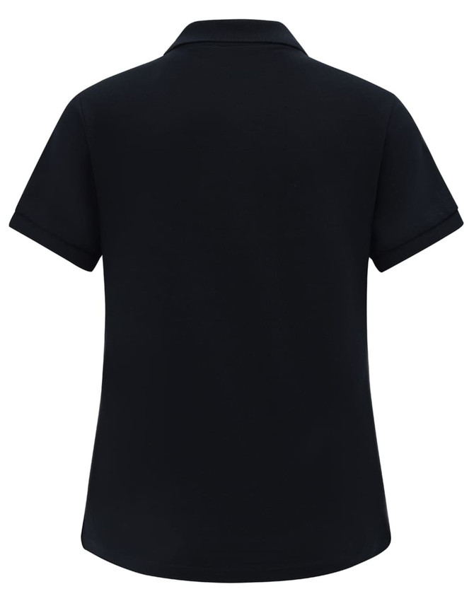 A black ladies' classic cotton/poly pique short-sleeve polo, featuring a collar and a logo.
