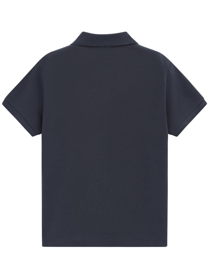 A navy blue short-sleeved polo shirt with a collar and a logo.