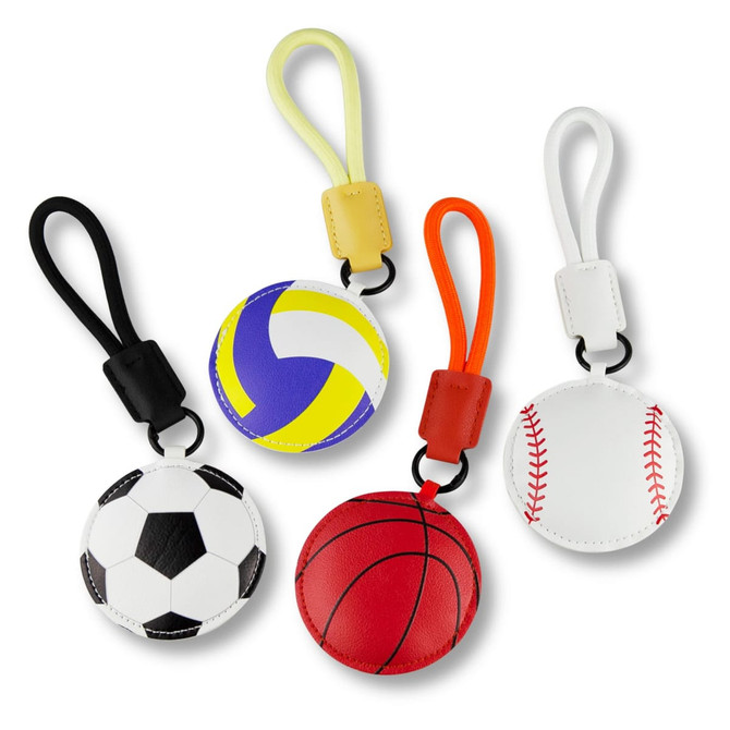 Four bag charms in the shapes of a soccer ball, volleyball, basketball, and baseball, featuring various colours.