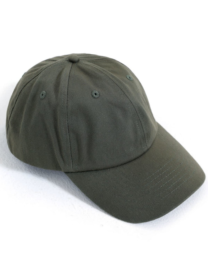 An olive green cotton twill unstructured cap with a curved brim and ventilation holes. Features a logo.