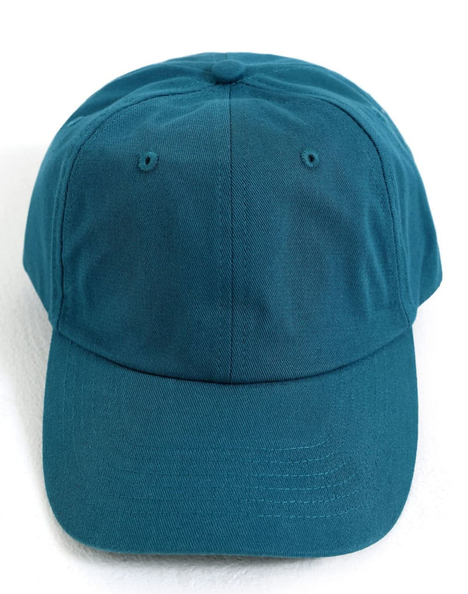 A cotton twill unstructured cap in a teal colour, featuring a logo on the front.