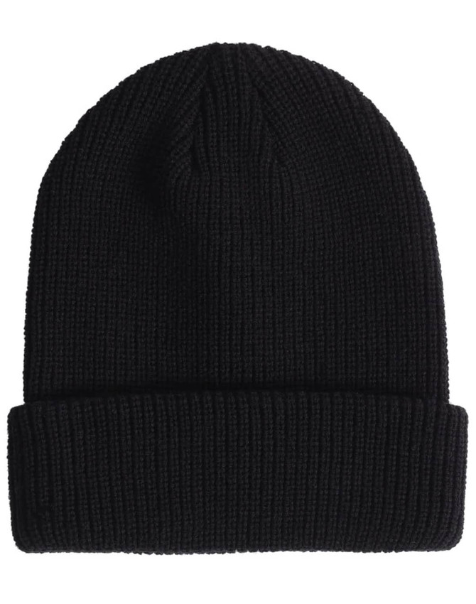 A black roll-up cable knit snug beanie with a ribbed texture and a folded cuff. It features a logo.