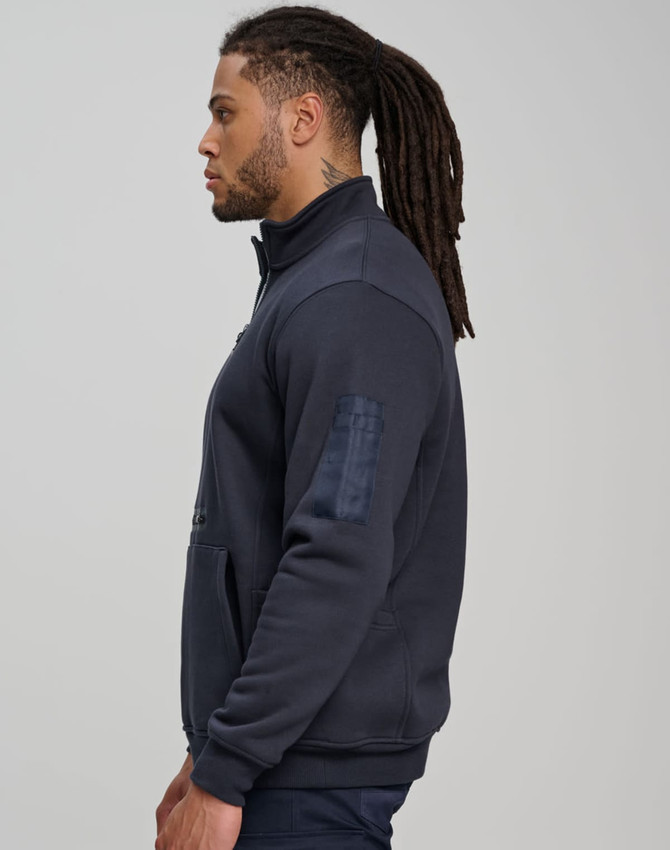 A navy unisex premium fleece half zip work sweat with a logo and a side view of a model wearing it.