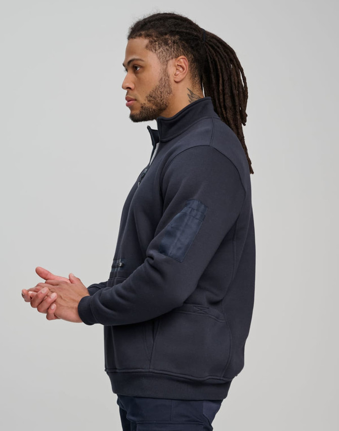 A unisex premium fleece half zip work sweater in navy. Features a logo and a side view of the model wearing it.
