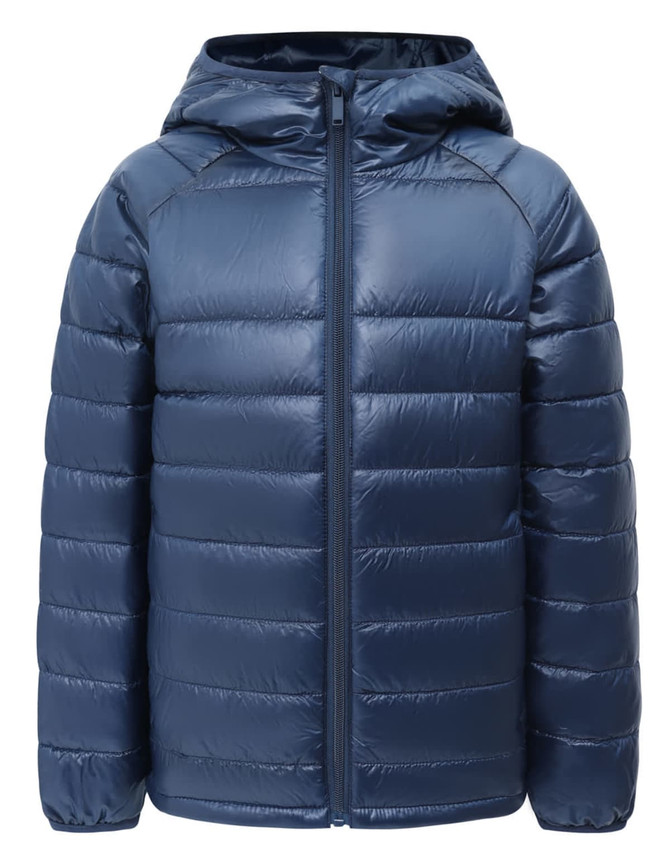A kids' sustainable lightweight hooded puffer jacket in navy blue, featuring a zip closure and a hood. It has a logo.