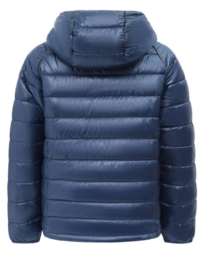 A navy blue lightweight hooded puffer jacket with a sleek, quilted design and a hood. It features a branded logo.