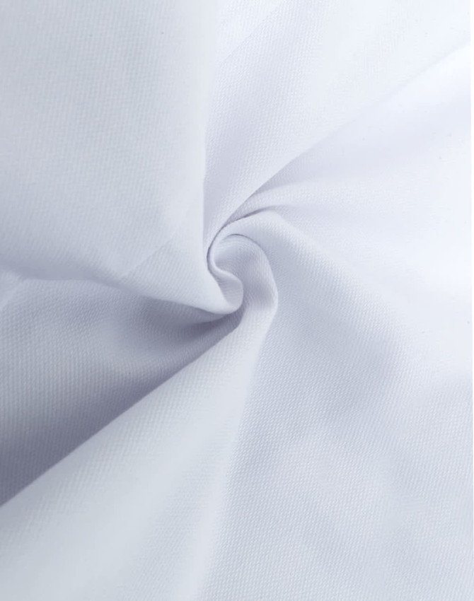 A close-up of a white cotton blend fabric, showcasing its smooth texture and weave pattern.