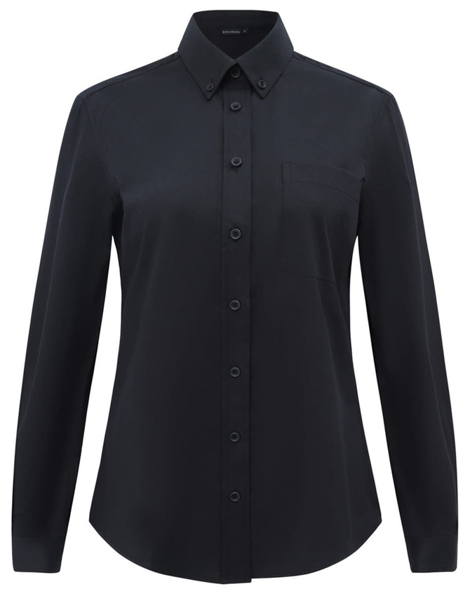 A black ladies' long-sleeve shirt featuring a button-up front and a chest pocket, with a logo on it.