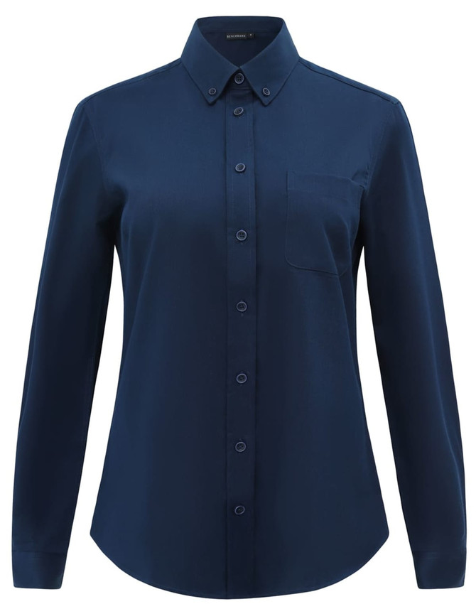 A navy long-sleeved shirt made from a cotton blend, featuring a button-up front and a chest pocket.
