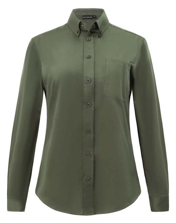 A green ladies' smart casual long-sleeve cotton blend shirt featuring a button-up front and a chest pocket.