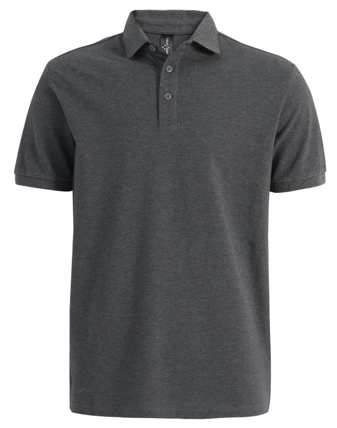 A men's ultrafine cotton pique polo in charcoal grey with a collar and three buttons, featuring a logo.
