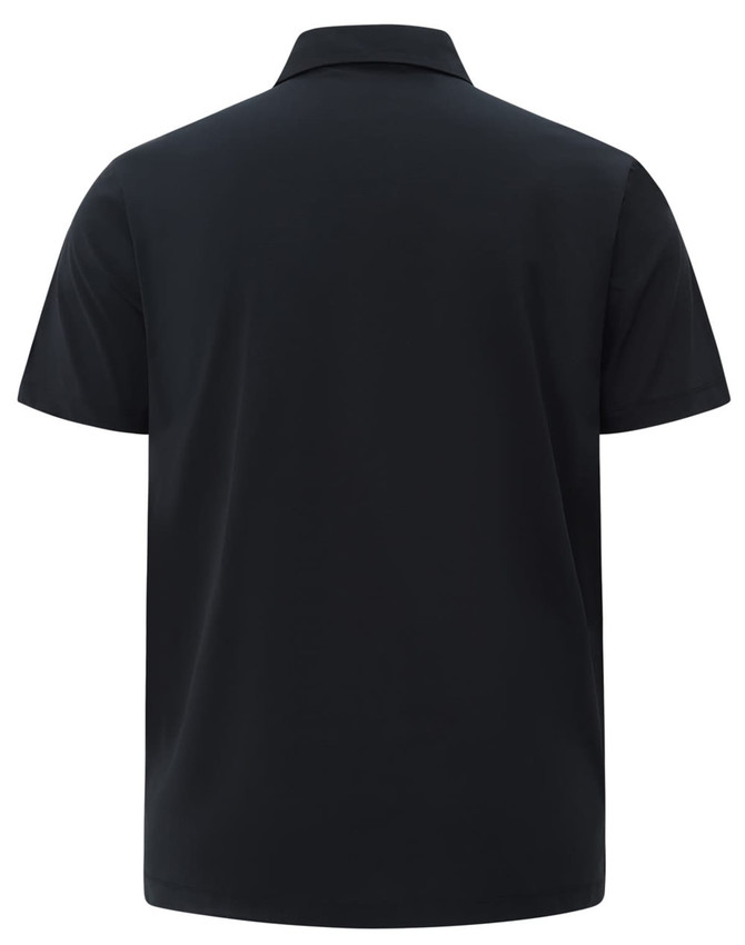 A black men's polo shirt with a collar, featuring short sleeves and a plain back. The shirt has a logo detailing.