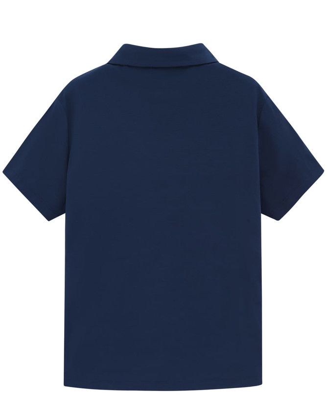 A navy blue ladies' polo shirt with short sleeves and a collar, featuring a logo on the back.