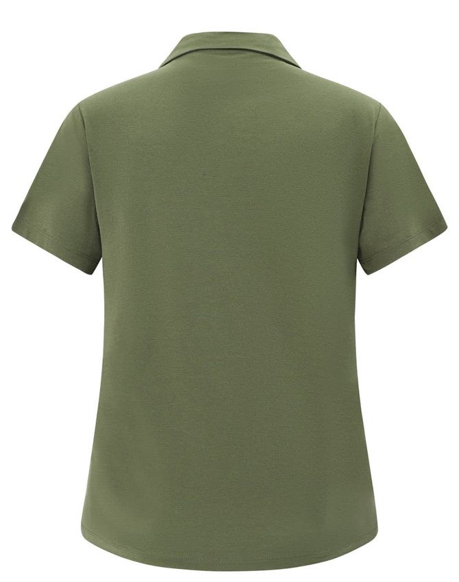 A ladies' high-performance polo shirt in olive green, featuring a short-sleeve design and a collar. It has a branding logo.