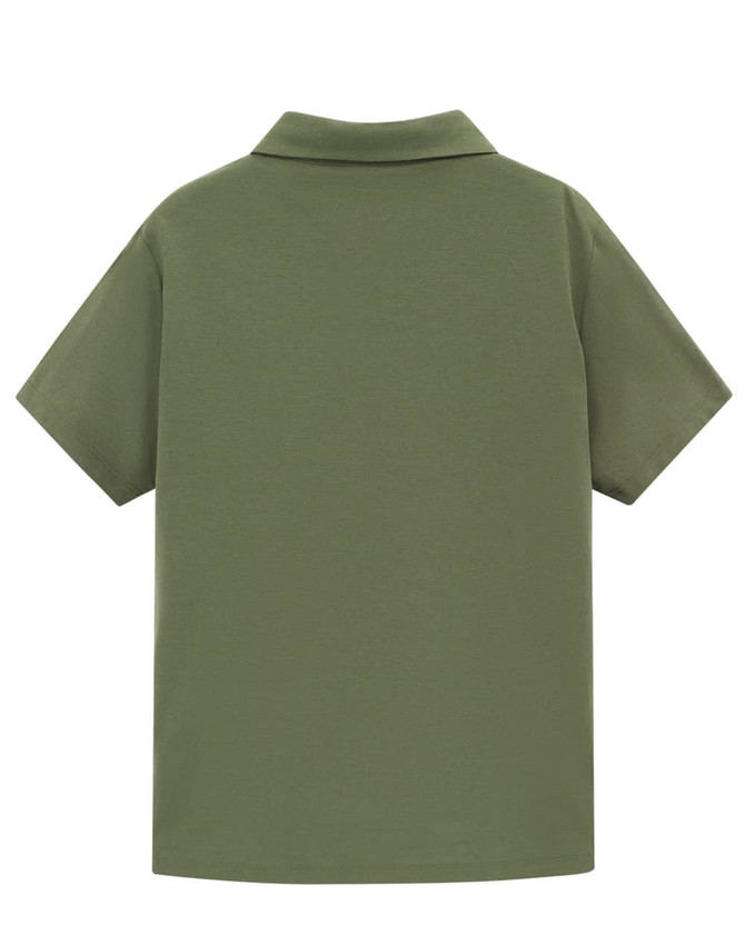A green ladies' high performance polo shirt with a collar and short sleeves, featuring a logo on the back.