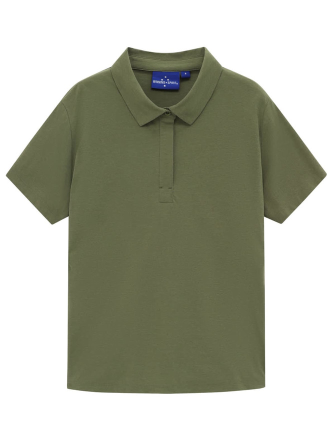 A ladies' short-sleeve polo shirt in olive green with a collar and a logo on the neckline.