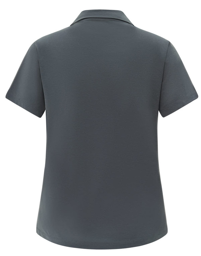 A ladies' high performance polo in dark grey, featuring a classic collar and short sleeves. Brand logo present.