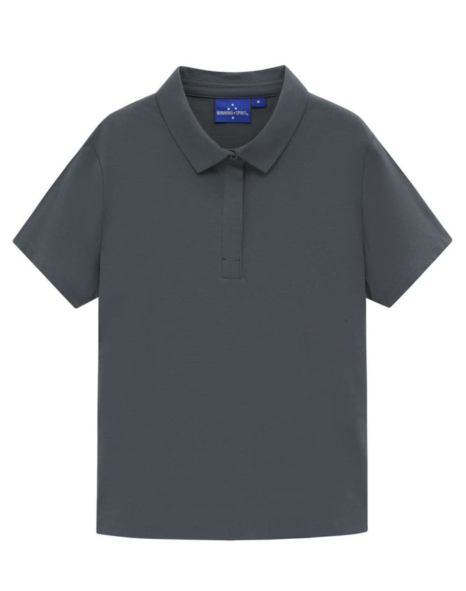 A grey high-performance polo shirt with a classic collar. It features a logo on the tag.