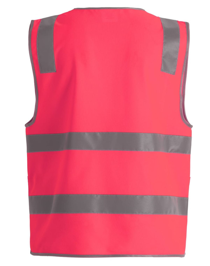 A bright red safety vest featuring grey reflective strips and utility pockets. It has a logo on the front.