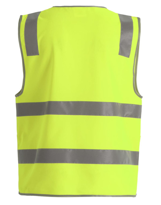 A high visibility safety zip vest in bright yellow with reflective grey stripes, featuring pockets for utility and ID.