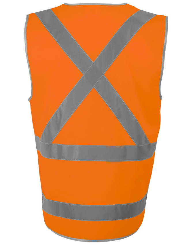 A high-visibility orange safety vest with reflective grey stripes crossing on the back and a tail. Features a logo.