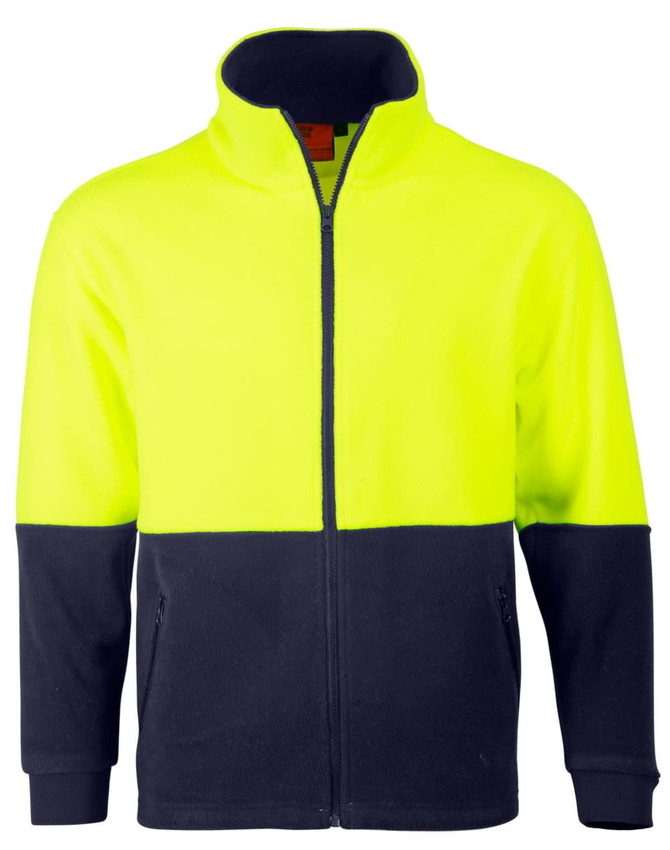 A Hi-Vis polar fleece full zip jacket in fluorescent yellow and navy, featuring a logo on the front.