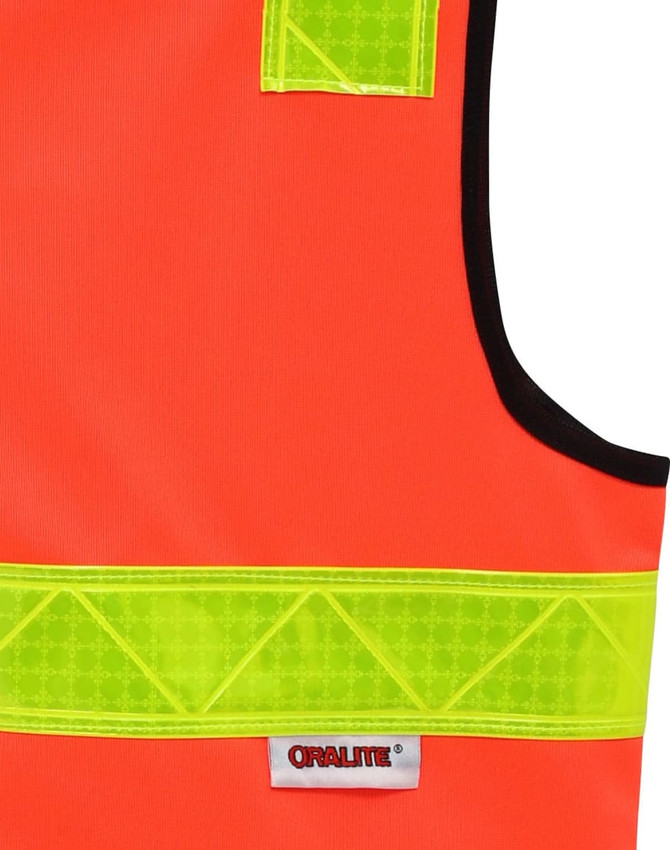A high-visibility vest in bright orange with reflective yellow strips and a branding logo.