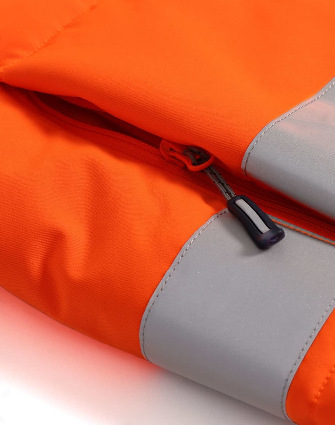 An orange hi-vis hooded puffer vest with reflective grey accents and a black zipper.
