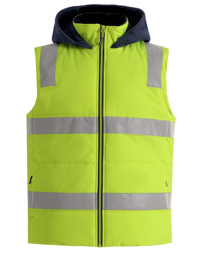 A unisex hi-vis hooded puffer vest in bright yellow with reflective stripes and a navy hood.
