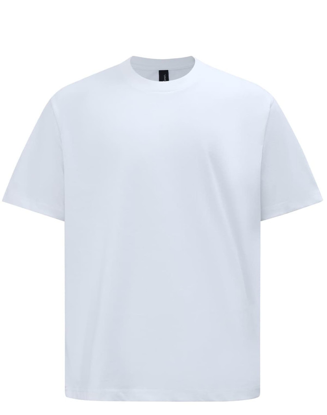A white unisex heavy cotton oversized tee with a logo on the label.