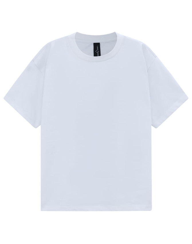 A white unisex heavy cotton oversized tee featuring a round neckline and short sleeves. Includes a brand label.