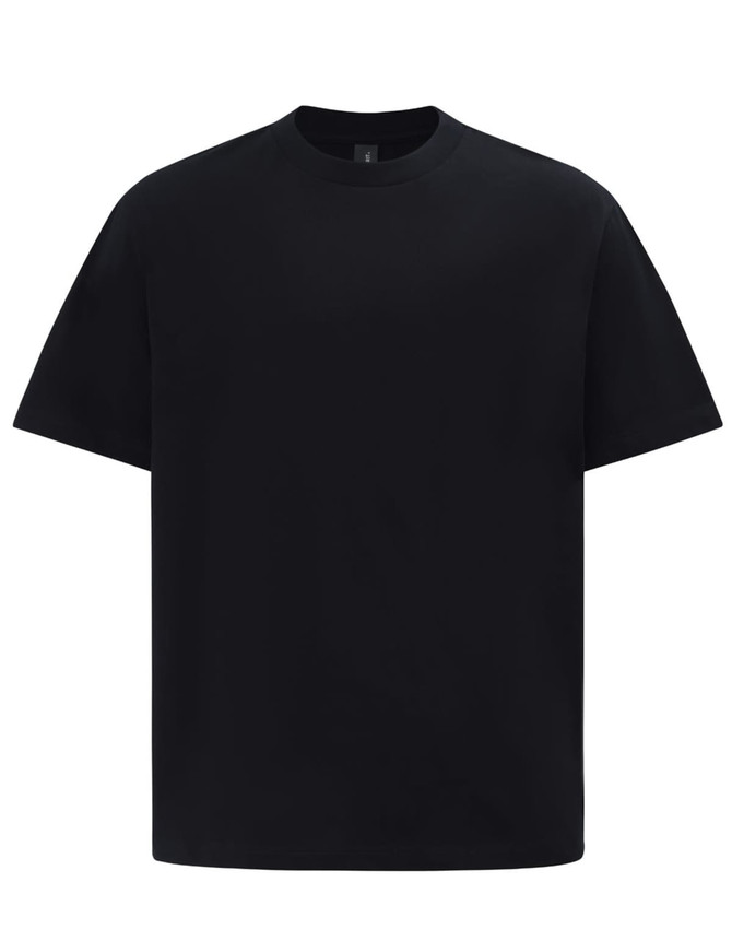 A black unisex heavy cotton oversized tee with a simple design and a logo on the front.