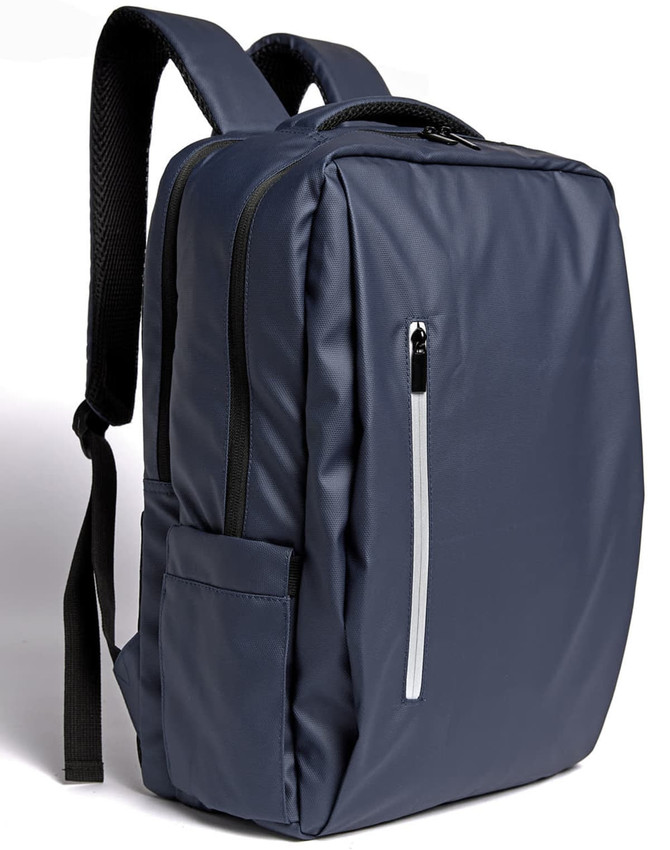 A navy blue PU backpack featuring padded straps and multiple compartments, including a front zip pocket.