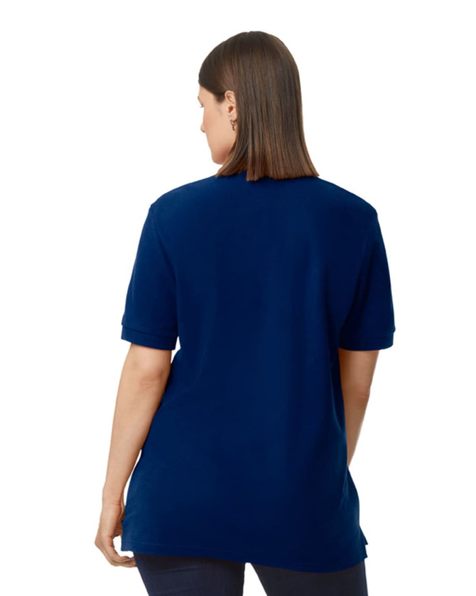 A navy blue polo shirt displayed from the back, featuring short sleeves and a simple design with a logo.