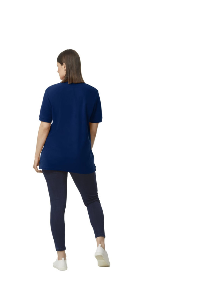 A woman wearing a navy blue polo shirt and dark leggings, viewed from the back. The polo has a logo.