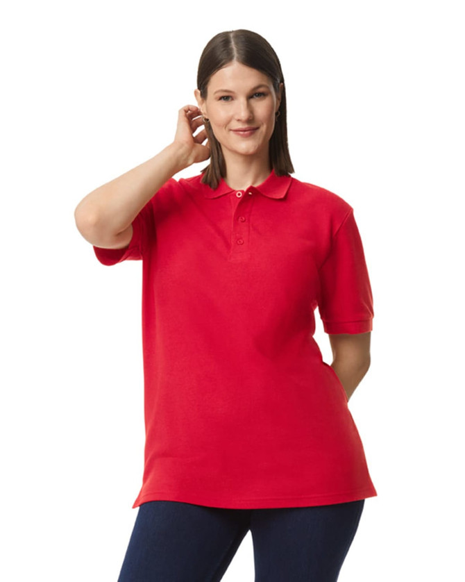 A red polo shirt featuring short sleeves and a collar, with a logo on the chest.