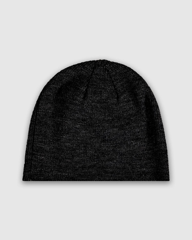 A black knit beanie with a ribbed texture, featuring a logo on the side.