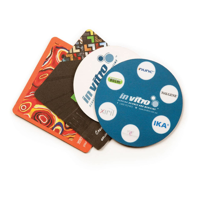 A set of four coasters in various designs and colours, featuring logos and patterns.