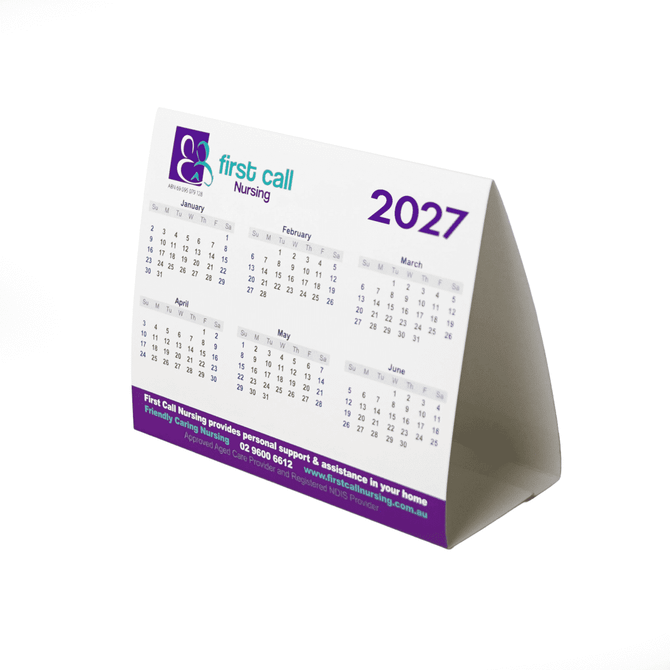 A desk calendar for 2027 with a purple and white design, featuring months and dates. It has a logo on it.