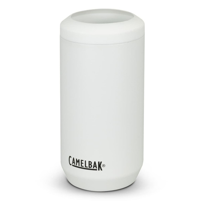 A drink bottle in white with a logo, designed as a can cooler, featuring a cylindrical shape.