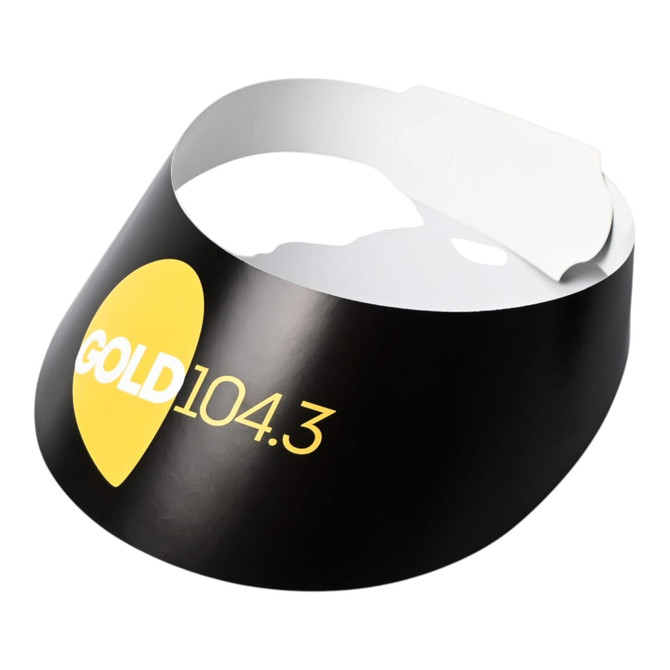 A black sun visor featuring a yellow logo, designed as headwear for sun protection.