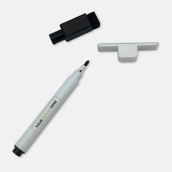 A magnetic whiteboard with a white dry-erase marker and a black eraser, featuring a branding area.