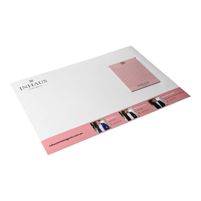 A3 magnetic whiteboard with a notepad in white and pink, featuring a branding logo and a lined notepad section.