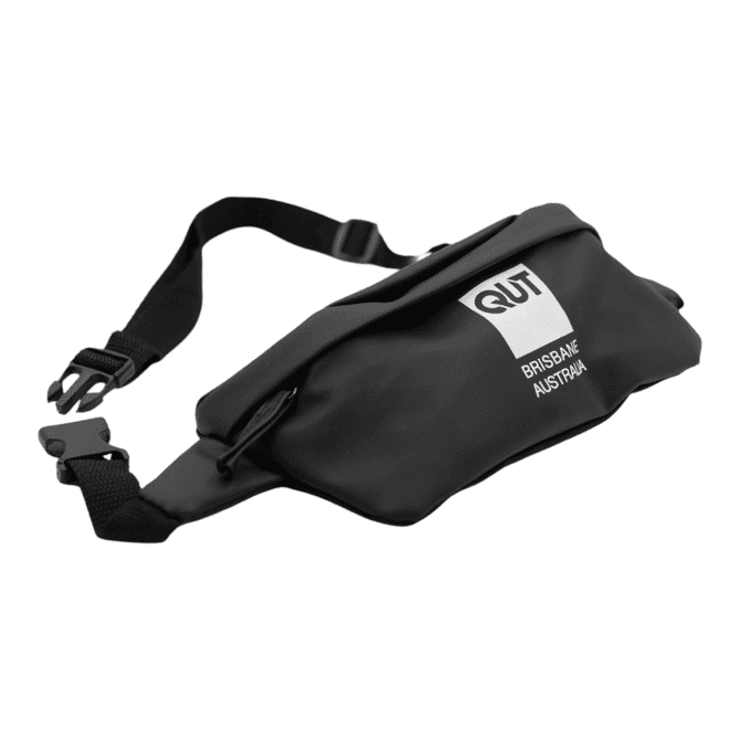 A black Boston Bag with an adjustable strap and a logo, featuring a sleek, minimalist design.