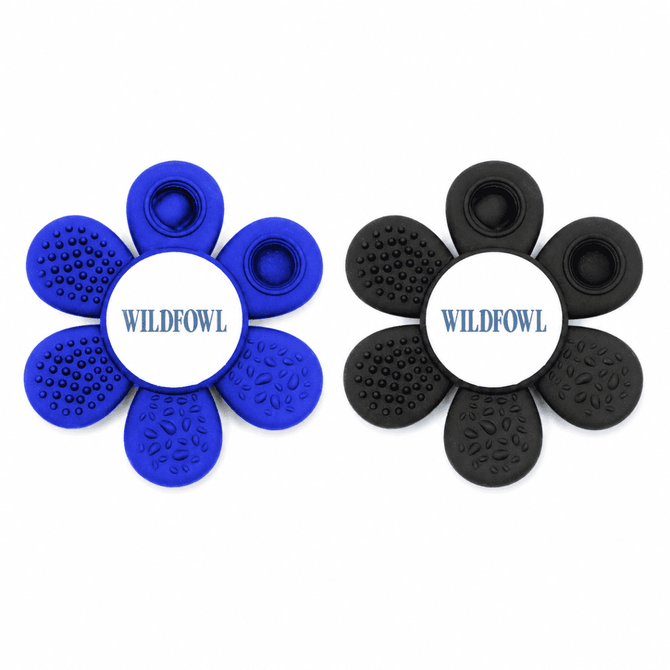 A novelty item featuring two flower-shaped pieces, one in blue and one in black, both with textured surfaces and a central logo.