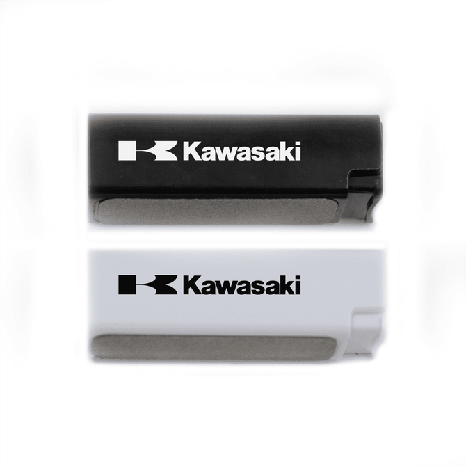 A set of two screen cleaners in black and white, featuring a logo on each.